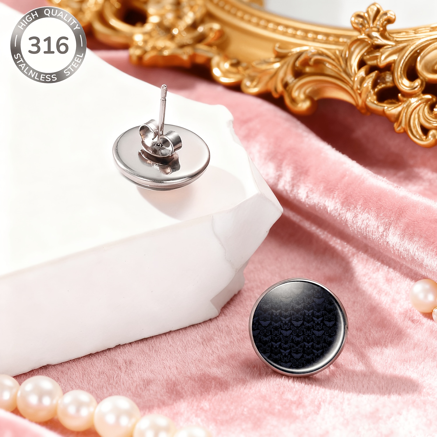 2pcs Black Round Pattern Butterfly Stainless Steel No-Punching Earrings